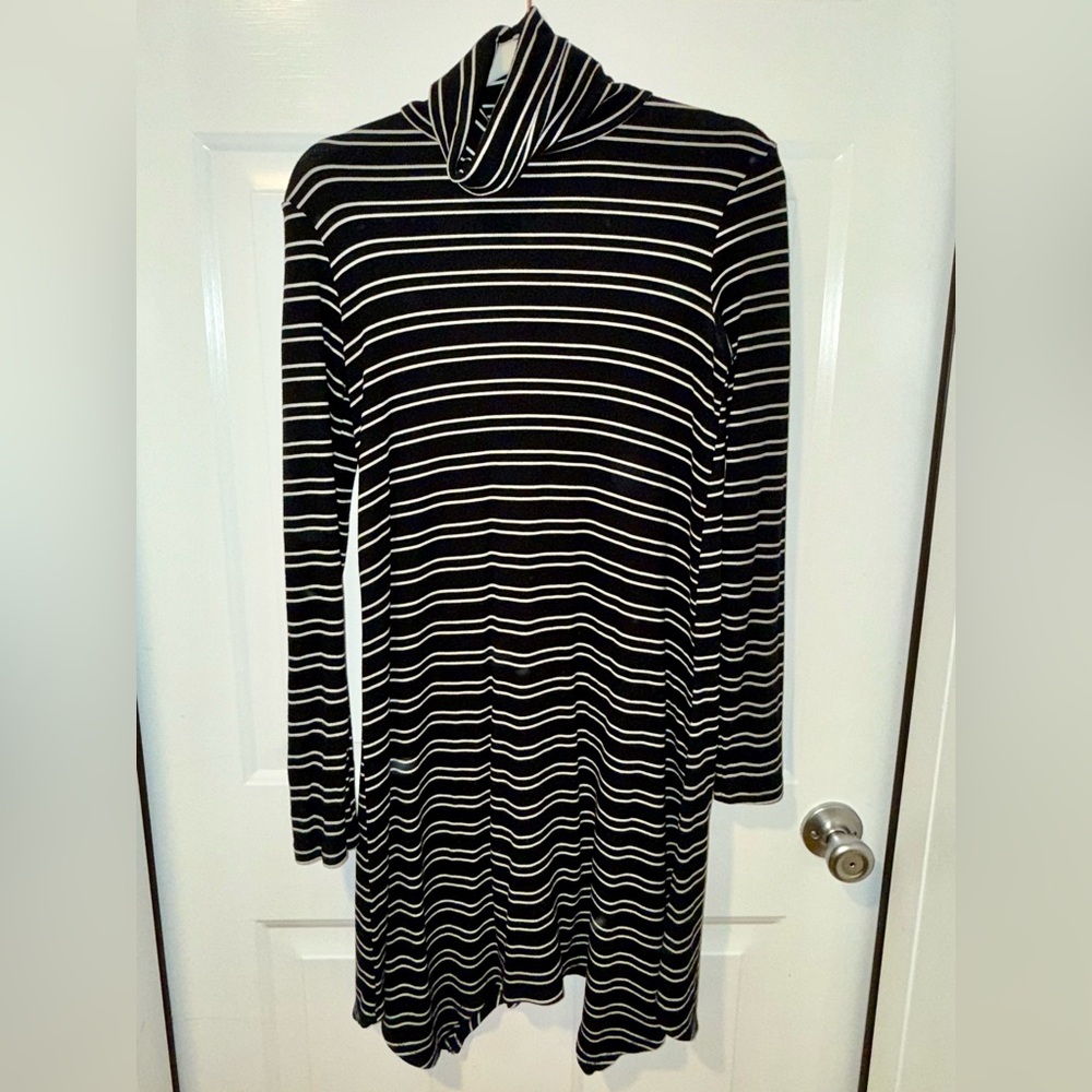 Mossimo // Asymmetrical Turtleneck Dress // Black with White Stripes //Size XS